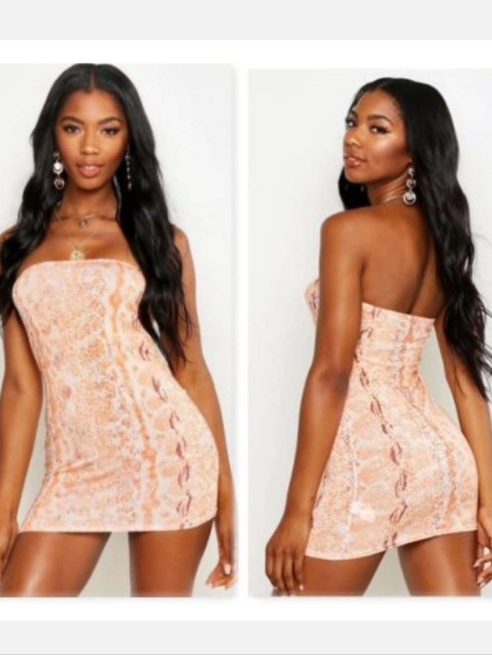 Strapless Peach Snake-Print Mini Dress